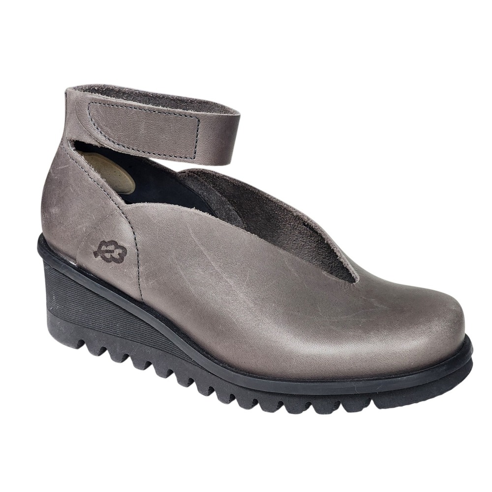 Loints of Holland Sydney Grey Leather V-Cut Wedge Ankle Strap Shoes Womens 36